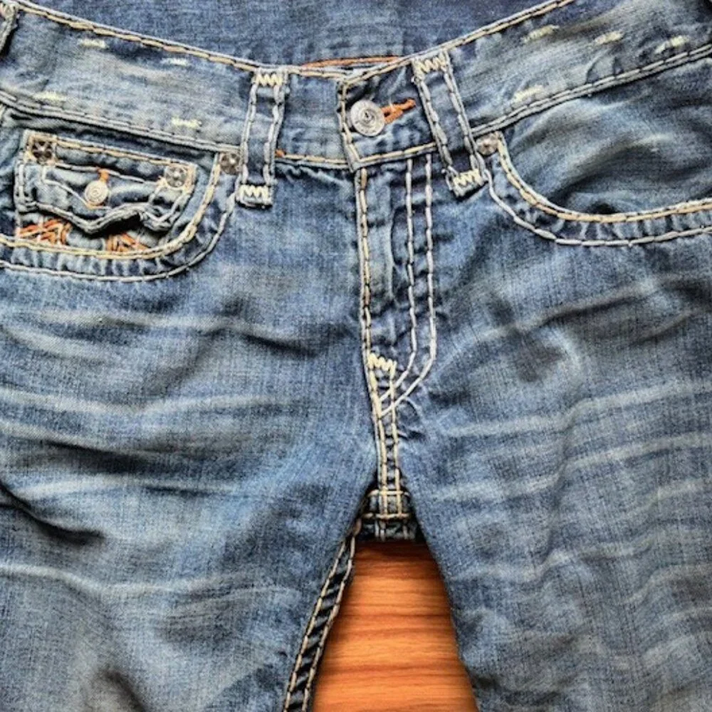 True Religion Cut Off Bermuda Denim Shorts Women's 29 Blue Flap Pocket Raw Hem